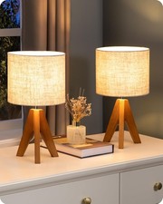 Small Table Lamp Wooden Tripod Nightstand Lamp 14.2" 2 Pack Cute Bedside Lamp