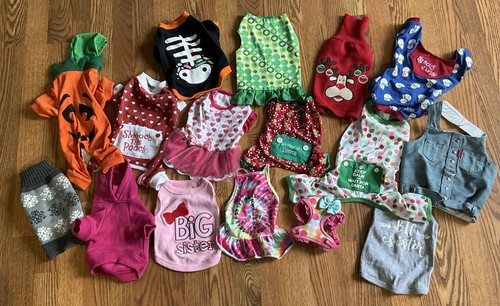 Lot Of 16 pcs Dog Clothing Size Small -Bathing Suit, Holidays, Sweatshirt, More