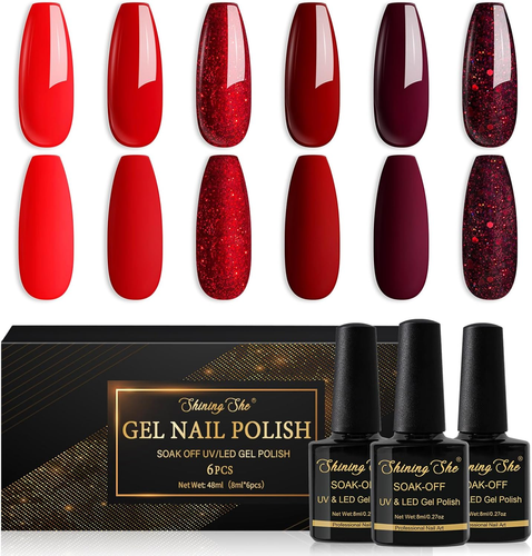 Smalto Semipermanente per Unghie, 6 Colori Rosso Bordeaux Rosso Bruno Glitter, S - Foto 9 di 12