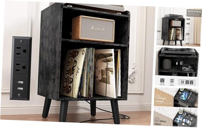 Mid-Century Modern Turntable Stand with Vinyl Storage and USB Charging in Black-image