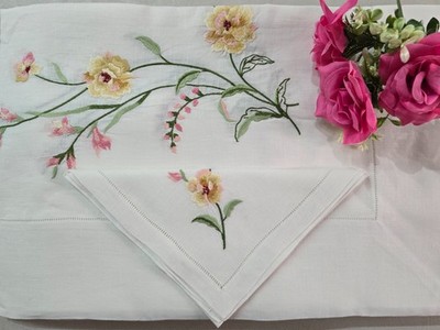 Pure Linen Embroidered Tablecloth 12 Seater 180x275cm Hand Finished