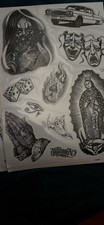 Chicano Style Tattoo Flash Sheets Cars Dice Praying Hands Masks Virgin Mary