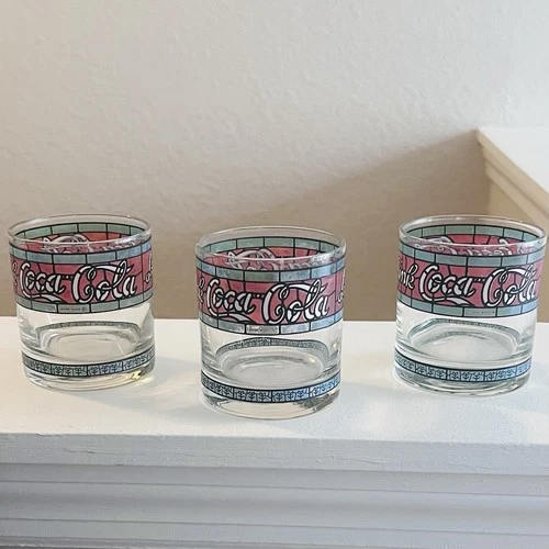 Coca-Cola Glasses Set of 3 – 3.5” Tiffany Style Stained Glass Logo Vintage Look