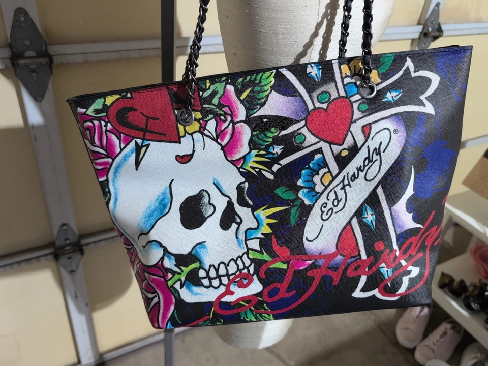 Ed Hardy Large Unisex Faux Leather Tote Skull Rose Cross Y2K new - Image 2 of 4