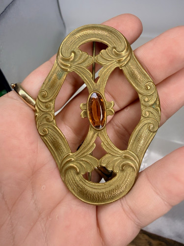 Antique Art Nouveau Sash Pin Brooch Amber Glass Gilt Brass c. 1900 Large Ornate