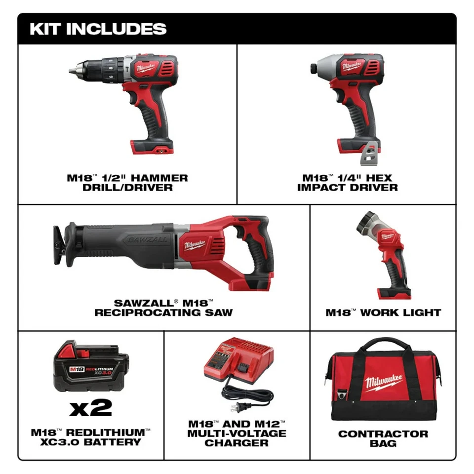 Milwaukee 2696-24 M18 18V Cordless Power Lithium-Ion 4-Tool Combo Kit - Image 2 of 4