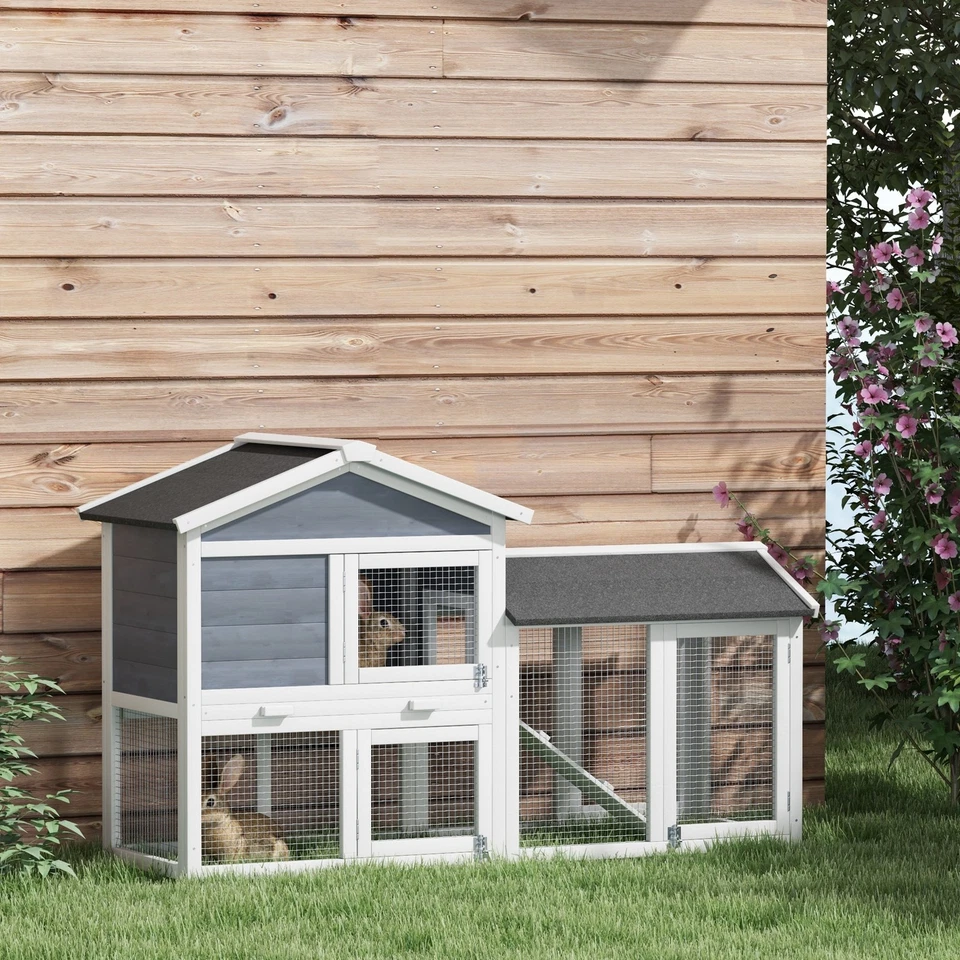 Kaninchenstall 2 Etagen Hasenstall aus Tannenholz mit Freilaufgehege draußen - Bild 3 von 4