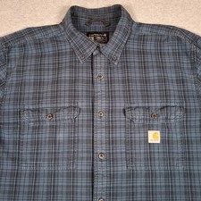 Carhartt Chambray Button Down Shirt Men XL Blue Plaid Chest Pockets Work Outdoor