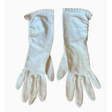 Vintage White Gloves Nylon Hong Kong Formal 12.25  long Cutout Detail Size Large