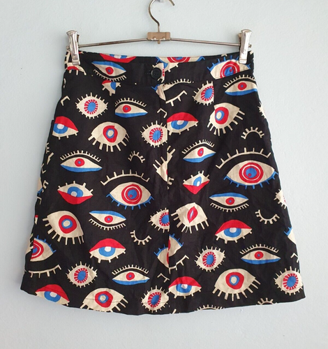 Dangerfield Mini Skirt Womens size 8 Evil Eye Print A-Line Linen Blend Retro - Picture 4 of 12