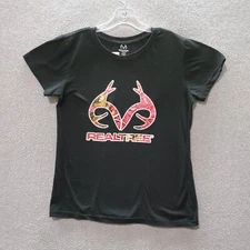 RealTree Women Top XL Black T-Shirt Logo Graphic Short Sleeve Crew Neck