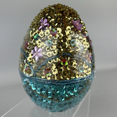 Godiva Easter Egg Beaded Gold & Blue Sequin Trinket Box Floral *RARE* - Sealed