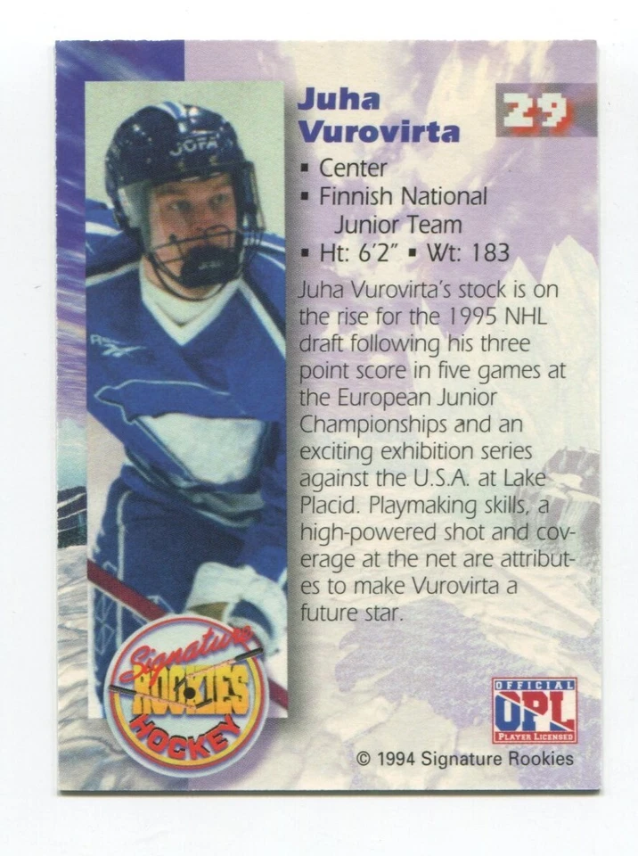 1994 Signature Rookies Juha Vurovirta Signed Card Hockey NHL Autograph AUTO #29 - Image 2 of 2