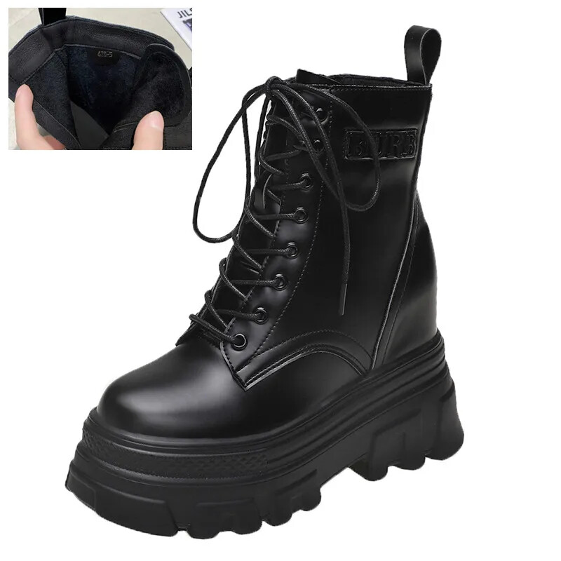 Platform Ankle Boots Women Winter Warm Fur Chunky Shoes Lace