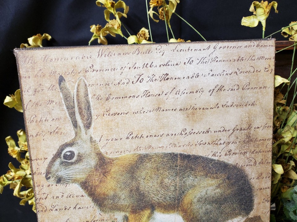 PRIMITIVE ANTIQUE VINTAGE FOLK ART SHABBY STYLE SUMMER GARDEN RABBIT ...