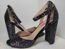 Betsey Johnson Glissten Black Glitter Heels Sz 9.5 Peep Toe Prom Cocktail Party