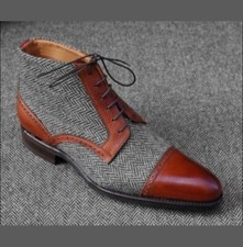 Botas de dos tonos hechas a mano para hombre, botas marrones y grises para hombre, botines para hombre