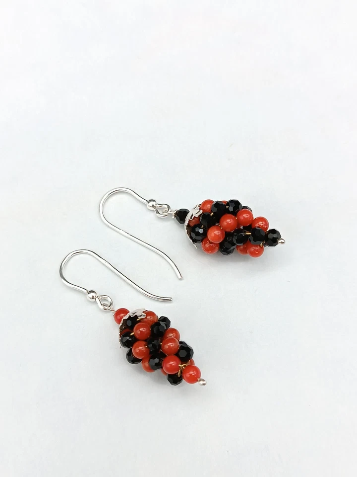 Pendientes De Mujer Coral Rojo Ónix Negro Plata Blanca Racimo De Uva - Imagen 3 de 4