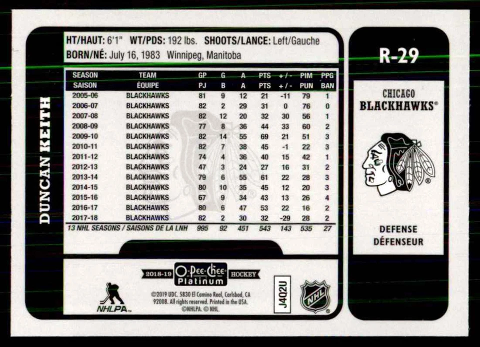 2018-19 O-Pee-Chee Platinum Retro Duncan Keith #R29 - Image 2 of 2