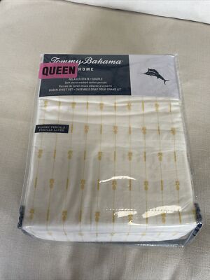 Tommy Bahama Queen Sheet Set Pineapple 4PC Yellow White Washed Percale Hawaii A6
