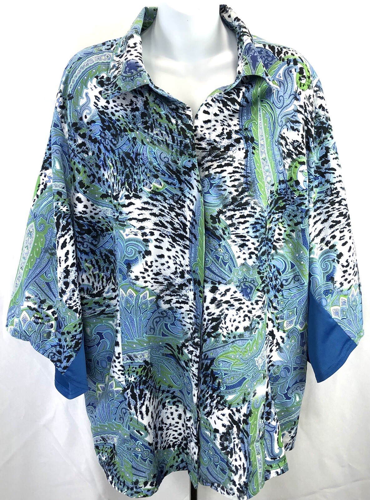 Vtg Joannas Button Up Topo Blouse 3X Blue Leopard Kimono Pleated Back Collar Y2K