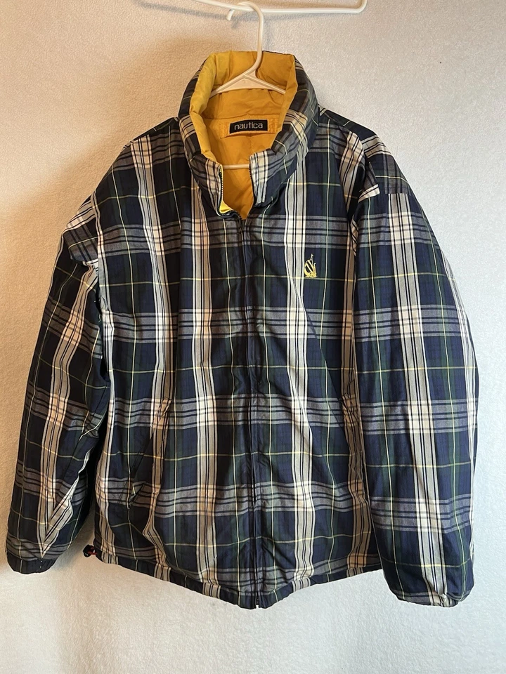 Vintage Nautica Coat Reversible Duck DOWN Yellow Navy Blue Plaid Jacket Men’s XL - Image 4 of 4
