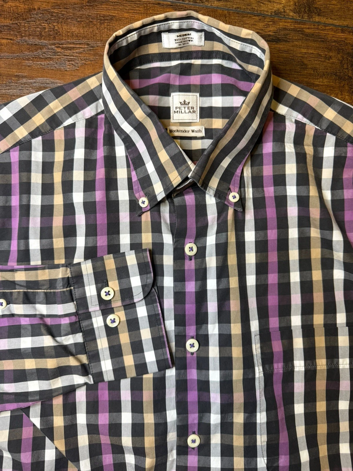 Peter Millar Weekender Wash Gingham Check Shirt Men’s M Purple Cotton Button Up
