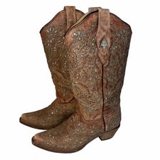 Corral Brown Leather Turquoise Glitter Inlay  Stitching Boots Snip Toe A3352 7