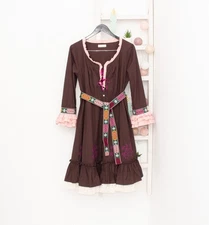 ODD MOLLY Dress Brown Pink Pleated Embroidered Belted Art Folklore 3 UK16 US12 L