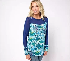 LOGO Lori Goldstein Printed Sheer Mesh Top with Solid Details-Blue-1X-A455491