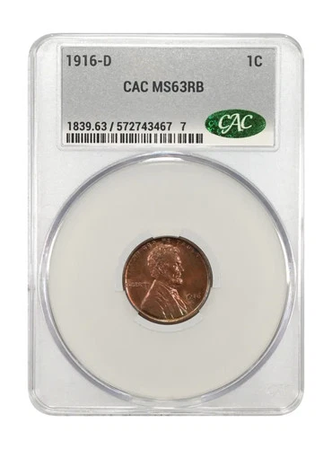 1916 D Small Cents Lincoln, Wheat Ears Reverse CACG MS 63 RB CAC