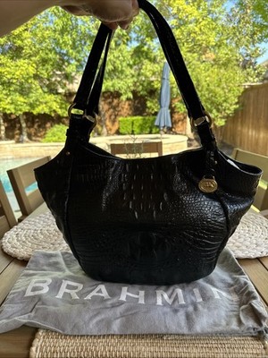 Brahmin Croc Embossed Black Leather Jacqueline LARGE Shoulder Bag Tote Purse