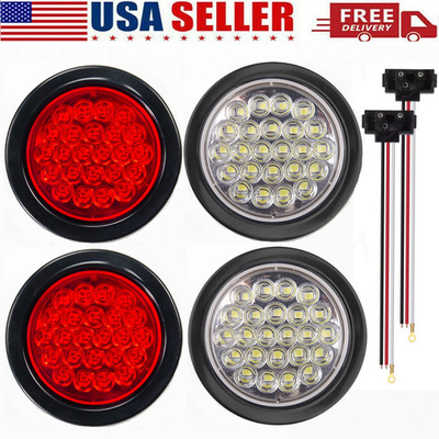 4'' Inch 24 LED Round Stop/Turn/Tail Truck Light w. Grommet+Plug: 2 Red 2 White