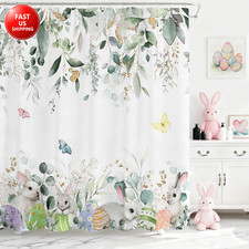 Spring Easter Shower Curtain for Bathroom Happy Easter Bunny Green Eucalyptus Sh