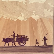 Vintage Marquetry Wood Inlay Picture Farm Folk Art Family Wall Hanging EUC