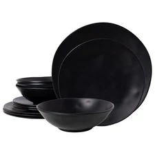 Black Melamine Plates and Bowls Set，12-Piece Melamine Dinnerware Sets for Ind...