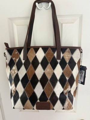 American Darling Argyle Patchwork Tote Brown Black White Detachable Strap