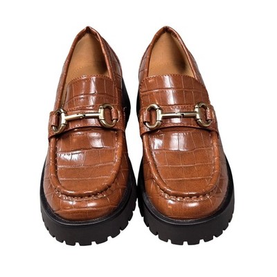Women's Platform Loafers Size 6M Brown Croc Horsebit Chunky Lug Sole Nine West