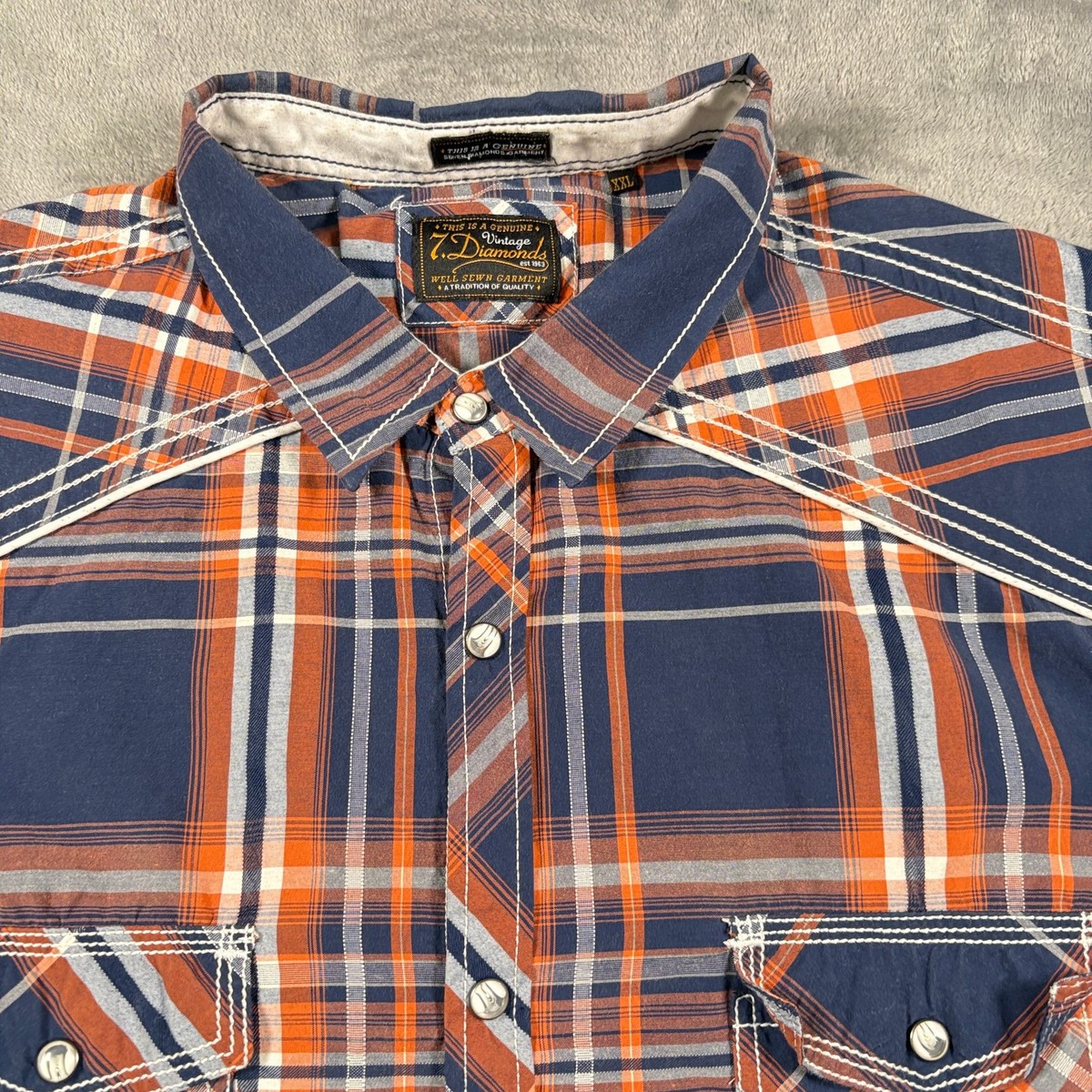 Vintage 7 Diamonds Western Shirt Mens 2XL Blue Orange Plaid Cowboy