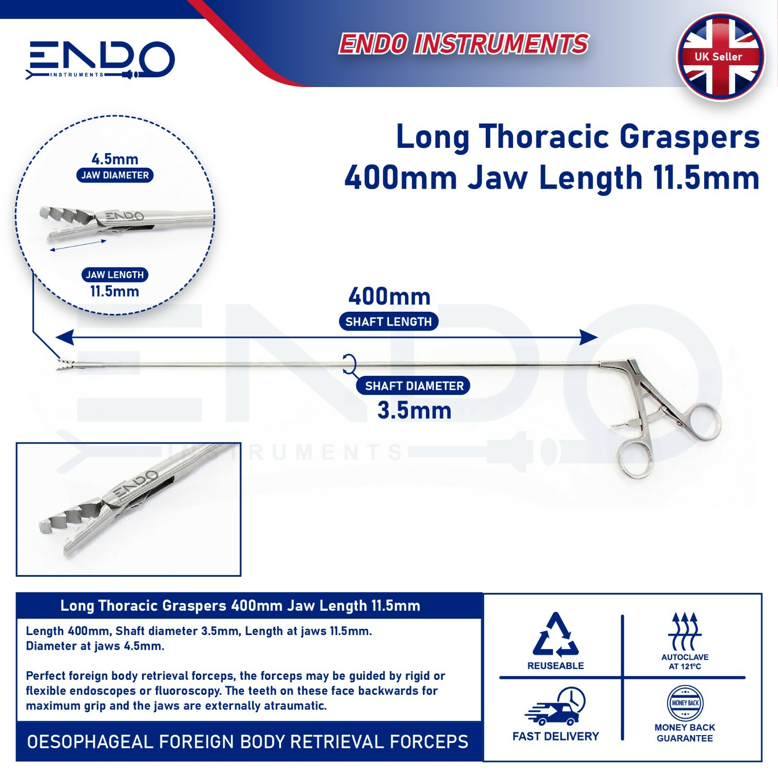 Endo Esophageal Lang Foreign Körper Zange Greifer 400mm D 3.5mm Backen 11.5mm UK