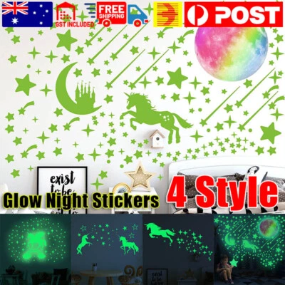Glow In The Dark Rainbow Moon Stars Unicorn Wall Sticker Kids Room Fun Decor - image 1 of 4