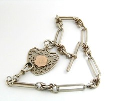 STERLING SILVER HALLMARKED LINKS, SHIELD AND T BAR SOLID GOLD SHIELD FOB 1895