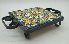 COLLECTIBLE 6 INCH SQUARE FLORAL CERAMIC HOT PLATE TRIVET WITH BLACK METAL STAND