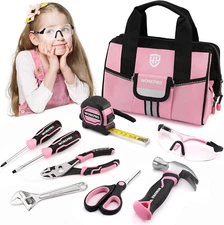 9-Piece Kids Real Hand Tool Set, Pink Junior Tool Kit with Storage Bag for Boys,