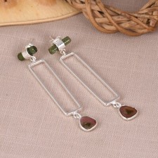 Bio Tourmaline 925 Silver Rectangle Design Long Dangle Earring For Wedding Gift