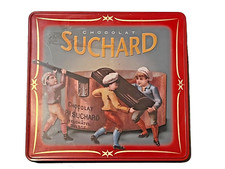 ANCIENNE BOÎTE MÉTAL CHOCOLAT SUCHARD LITHOGRAPHIE RECTO VERSO CASSEROLE CUIVRE