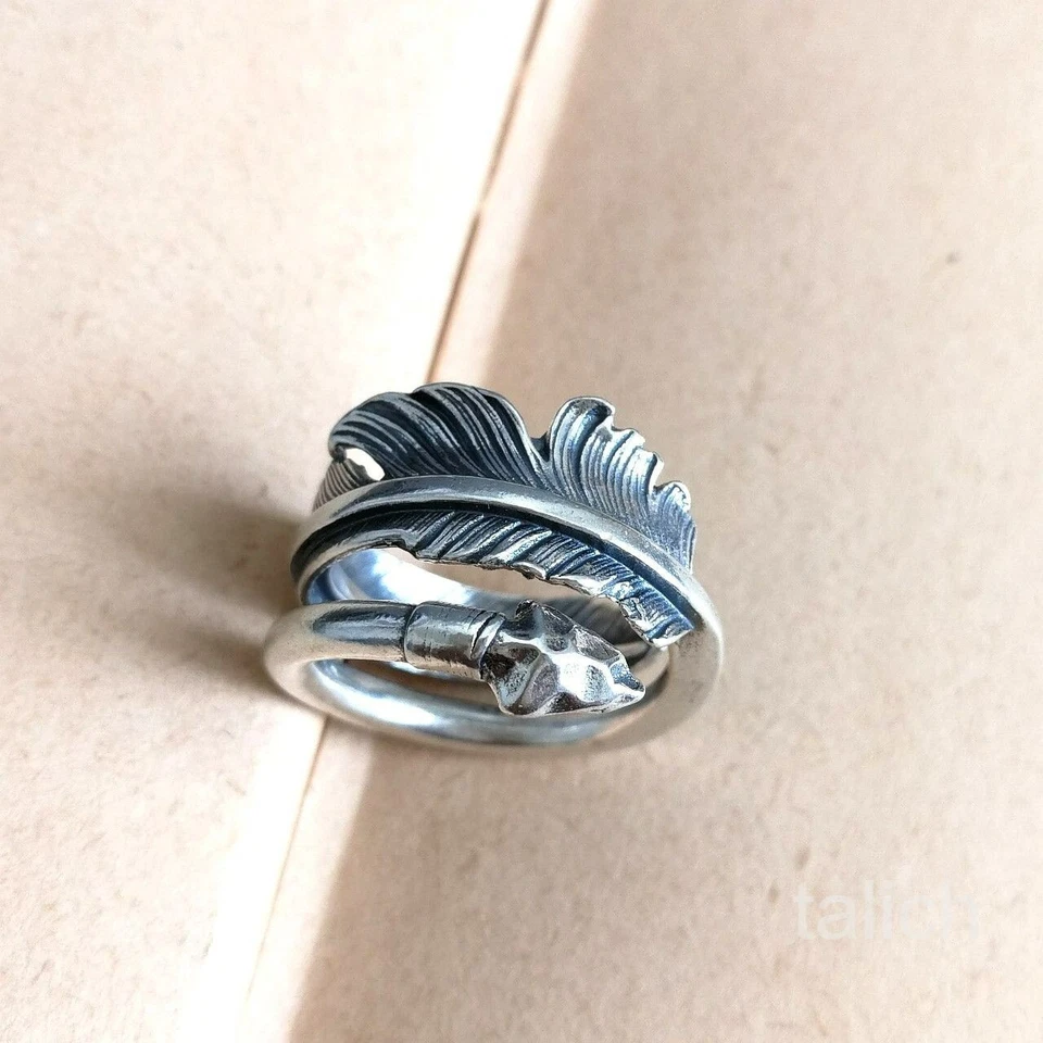 Anillo envolvente de plata de ley 925 detallado pluma pedernal punta de flecha ajustable único Foto 4 de 4