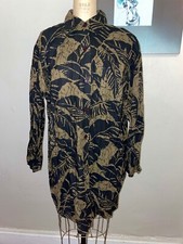 VTG 90'S BLACK TAN COTTON PALM PRINT OVERSIZED LAGEN LOOK BUTTON UP SHIRT M/L