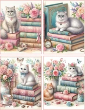 8 Cat Kitten Shabby Chic books tea fantasy glossy blank fold out note card
