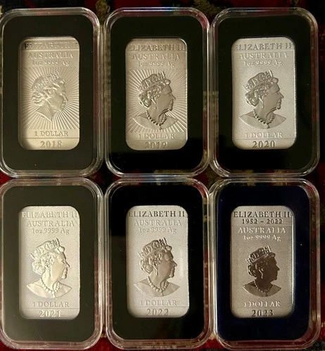 2018-2023. Complete Set of 6 QE II Perth Dragon Rectangles .9999 AG in Capsules
